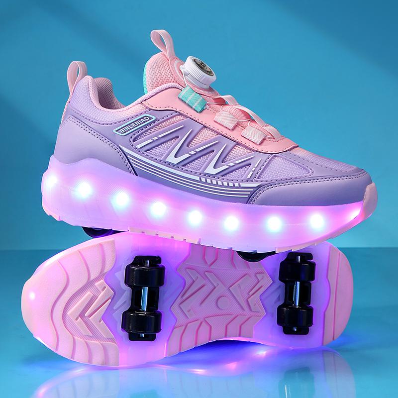 Chaussures de Sport à Lumières pour Enfants Chaussures à Roulettes Chargement et Démontage Chaussures à Roulettes à Quatre Roues LED Baskets Lumineuses pour Enfants