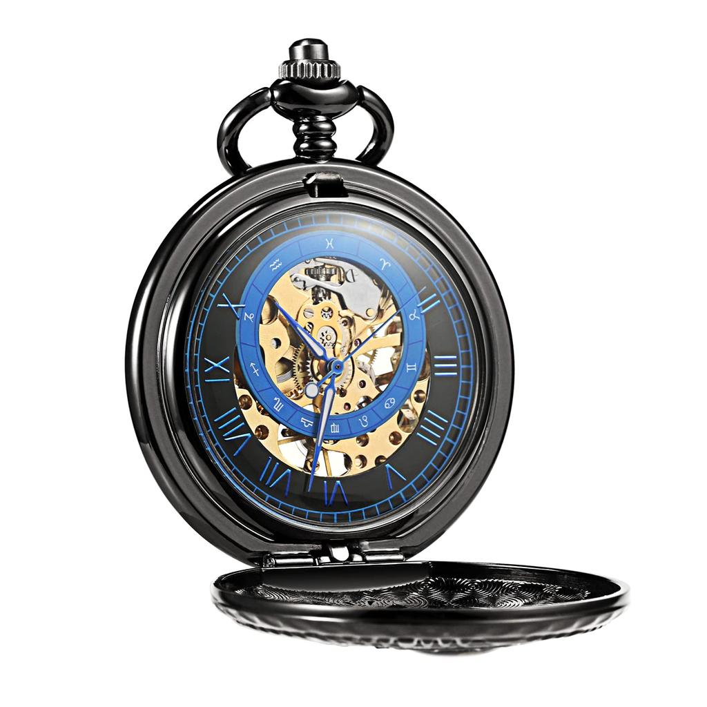 TREEWETO Mechanical Pocket Roman Moon and Sun with Chain and Gift Watch, Black, Numerals, Design, Box.