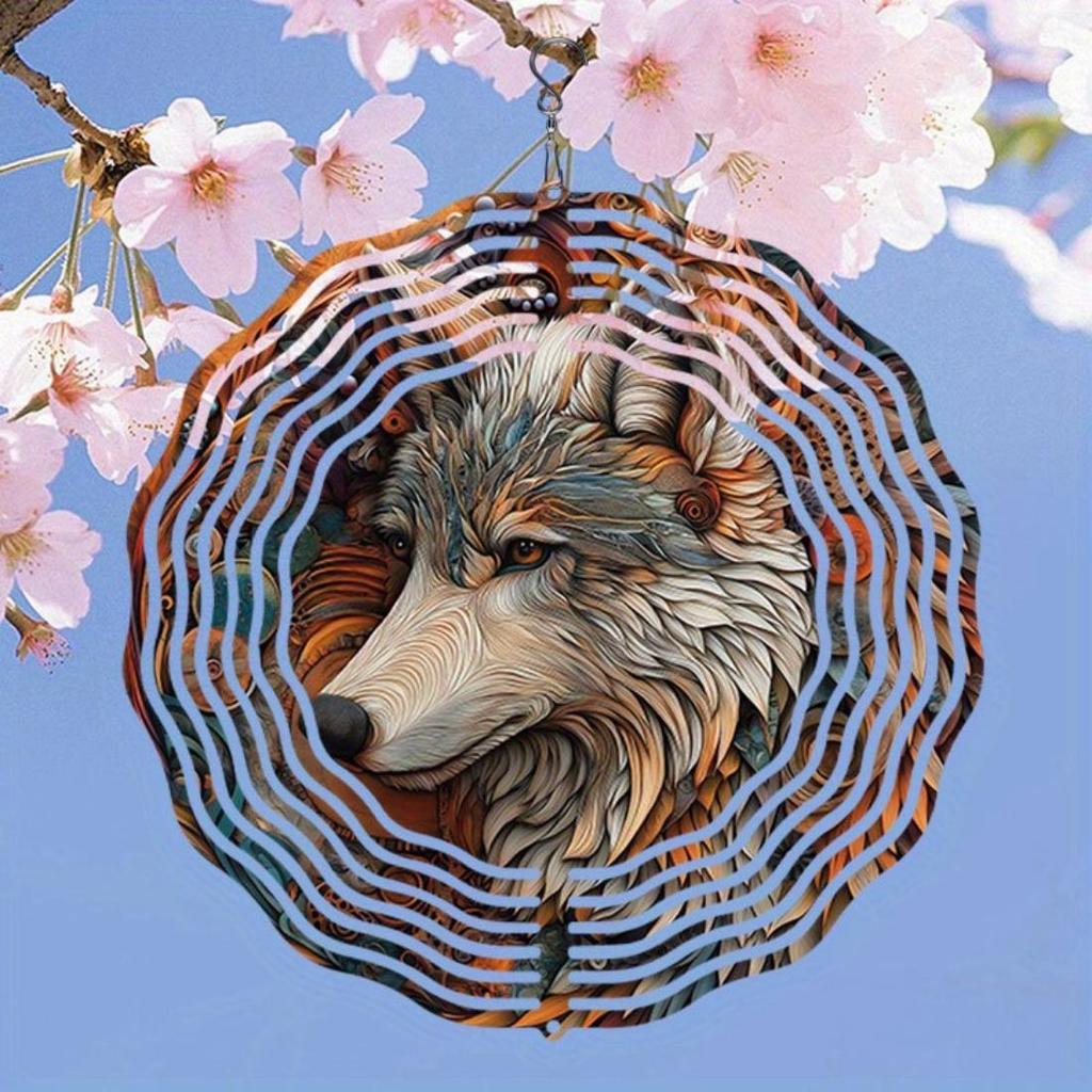 Open - 3D Mandala Wind Chime Beautiful Wolf King Pattern Dynamic Rotating Art Outdoor Decor