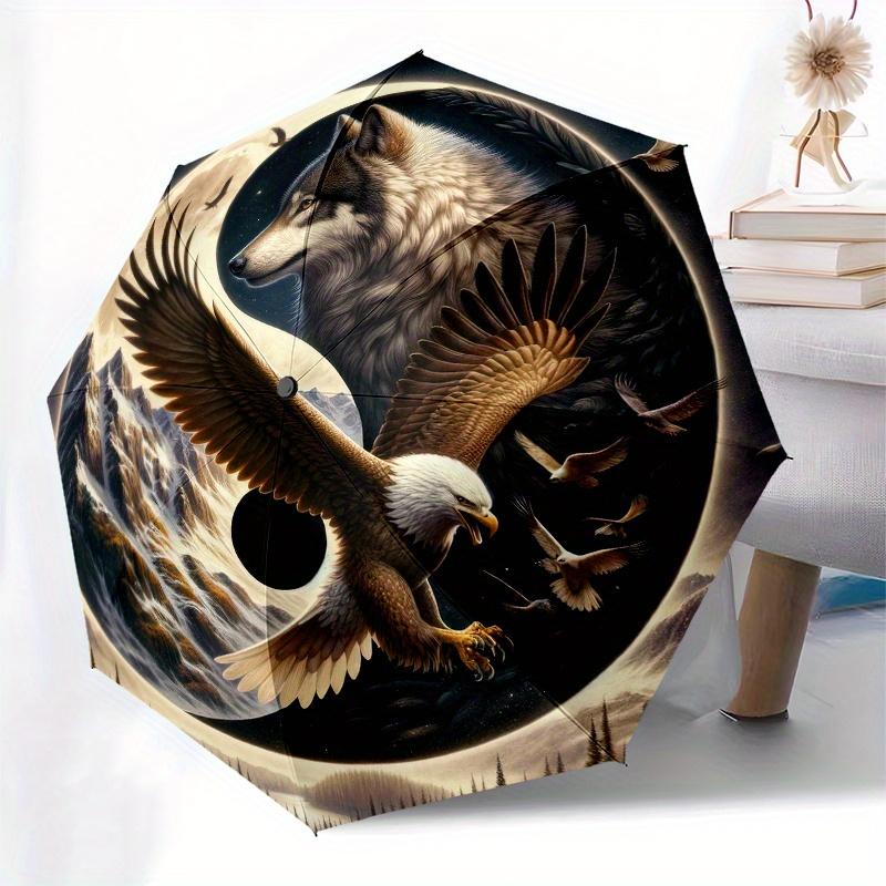 Wolf and Eagle Yin Yang Symbol Circular Art Print Poster Umbrella, Cute Umbrella with Cute Design, Portable 3-Fold Compact Umbrella for Men & Women, V