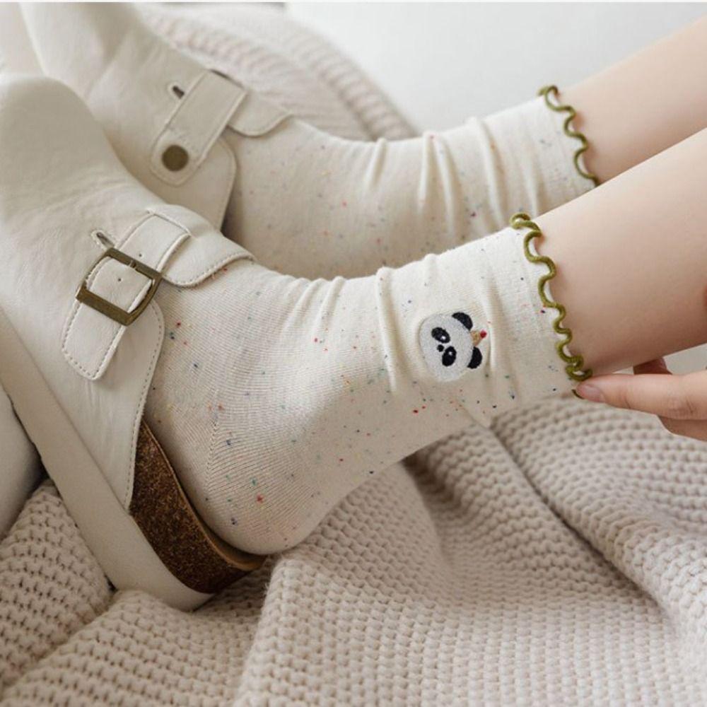 5 Paar Punkte Cartoon Socken Stickerei Wadenhoch Baumwollsocken Süße Schleife Socke Damen