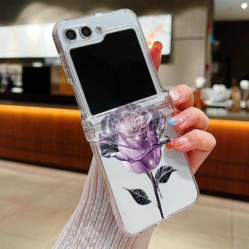Rose Pattern Clear Phone Case For Samsung Galaxy Z Flip6 Flip5 Flip4 5G Hard PC Flower Folding Cover For Samsung Z Flip 6 5 4 3