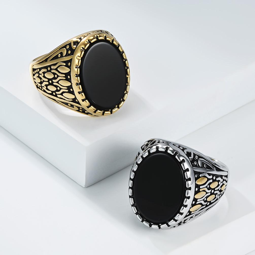 Popular Retro Hand Jewelry Titanium Steel Inlaid Black Gemstone Ring Men's Gold-plated Literary Trend Index Finger Ring