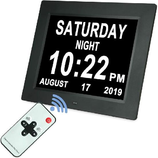 [Upgraded 10 Inch] Digital Day Calendar Clock Auto-Diming & 8 Alarms Options Extra Large Date Time Non-Abbreviations Dementia Impaired Vision Senior