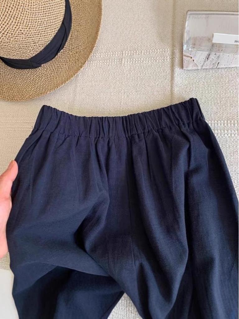 Ultra-Comfy Dark Blue Cotton & Linen Elastic Waist Women's Summer Pants