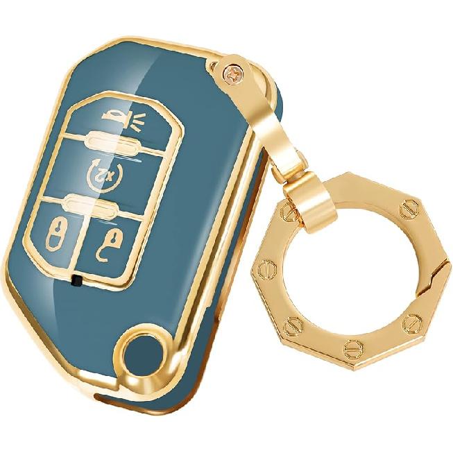 YHC for Jeep Key Fob Cover Car Key Case Shell with Gold Keychain fit Wrangler Gladiator JL JLU JT