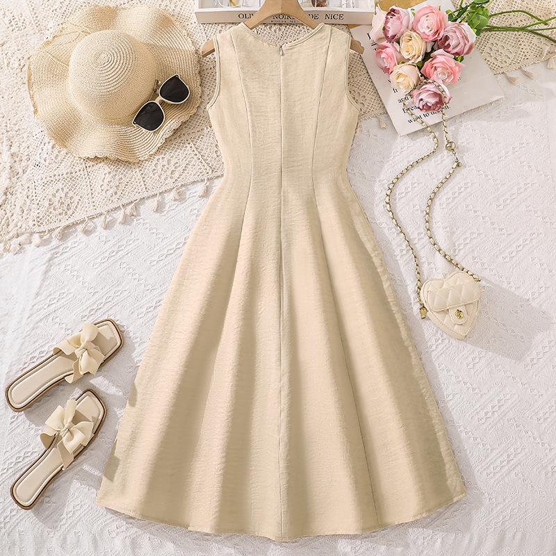 Girls' Slim Fit Sleeveless Spring/Summer Formal Dress with Contrast Stitching