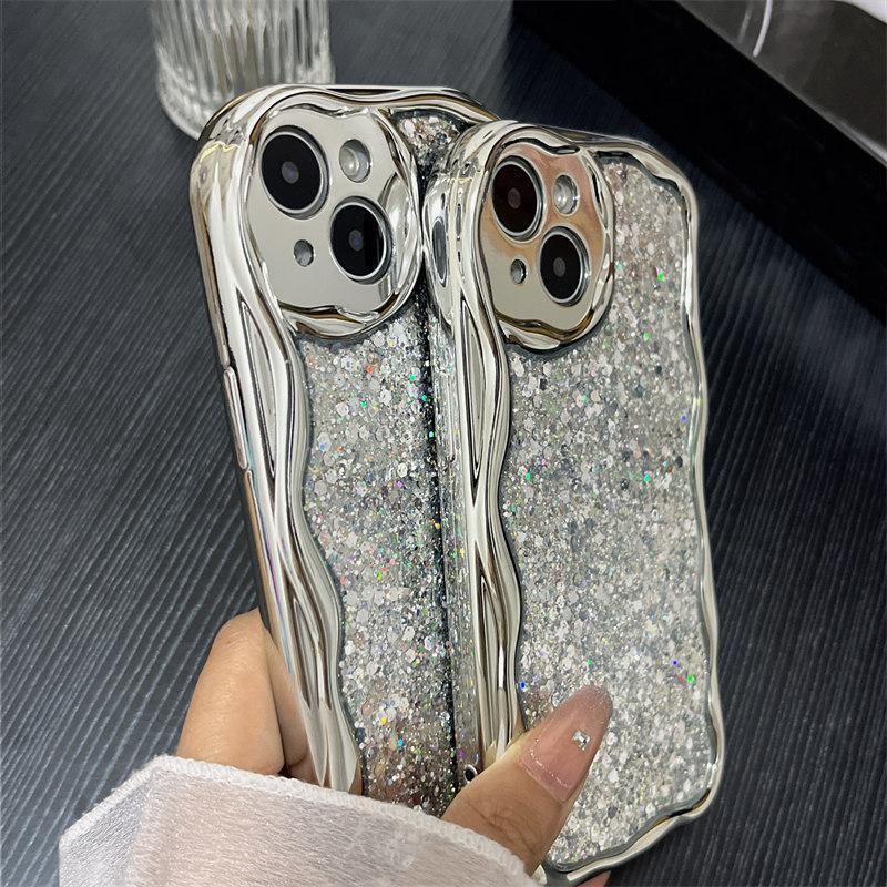 Luksus galvanisert Silver Glitter Drop selvklebende deksel til iPhone 15 14 13 12 11 Pro Max XS XR All-inclusive Fallbeskyttelsesdeksler