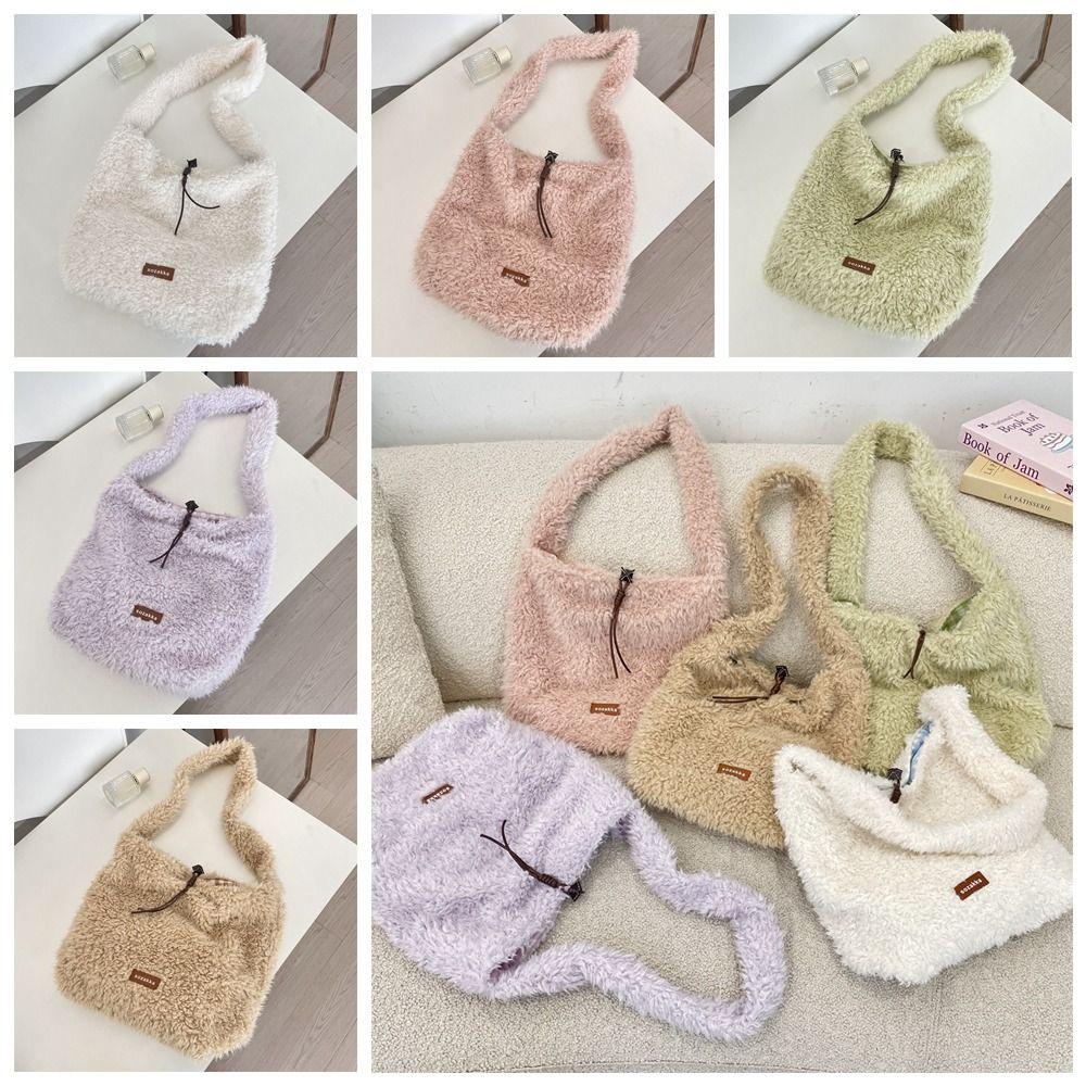 Vintage Lamb Wool Shoulder Bag Harajuku Plush Underarm Bag Vintage Fluffy Tote Bag  Women