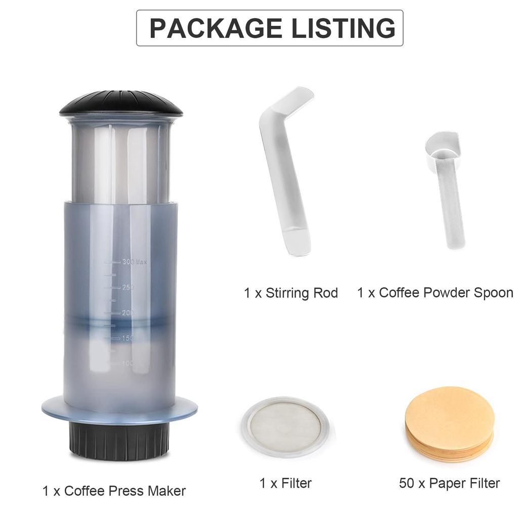 Portable Manual Coffee and Espresso Press Maker with 50 Coffee Filter Papers for Outdoor Travel, Camping, and Picnics