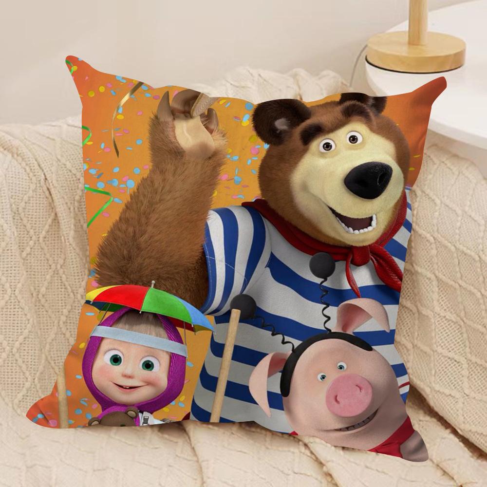 M-Masha And B-Bears Cushion Cover Silky Short Plush Double-Sided Printed Pillow Case For Sofa All Seasons Home Decor Gift