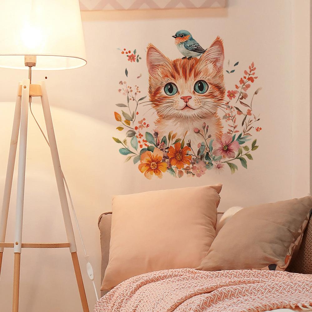 Self Adhesive Wall Stickers with Cute Cat Flowers and Birds Peel and Stick Removable Vinyl Decals for Home Decor
