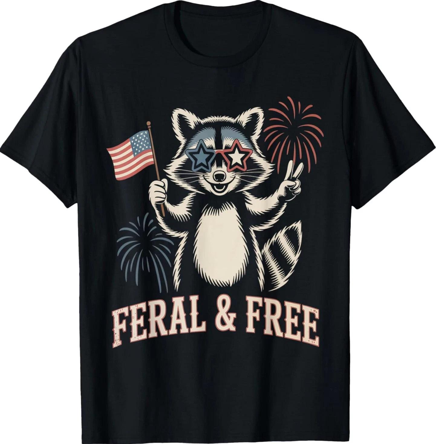 Feral But Free Raccoon T-Shirt – Summer Fireworks 4th of July Unisex Tee XL