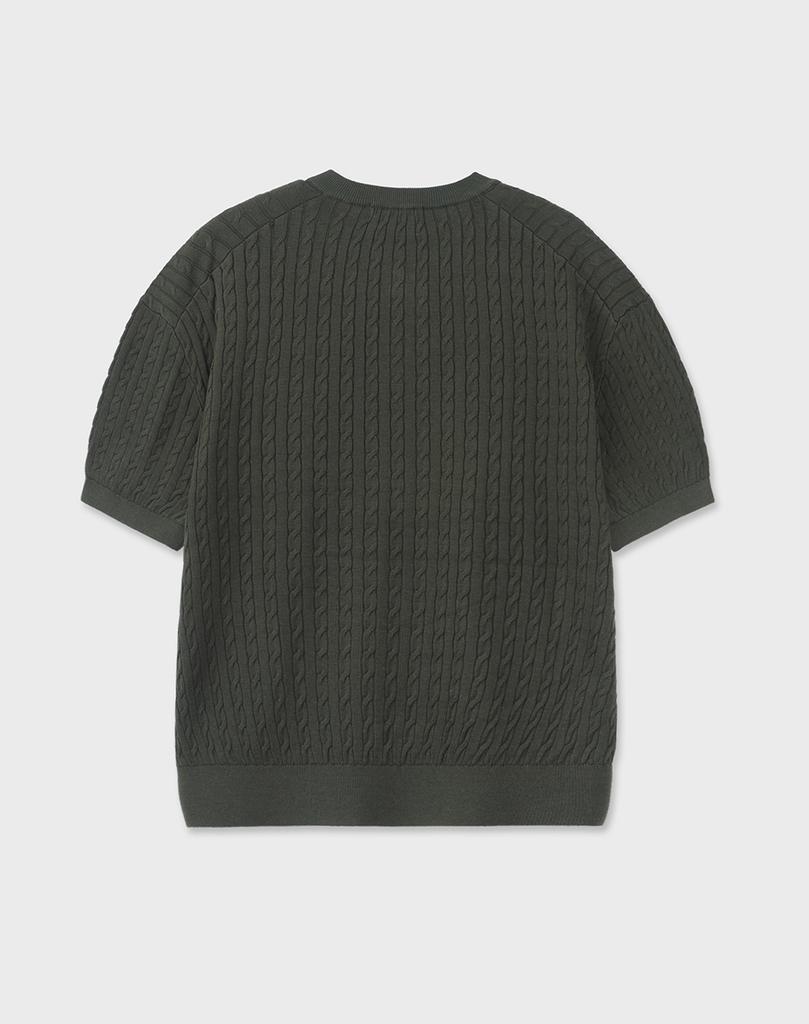 WORK ON BODY OFF Cool Bamboo Semi-Overfit Cable Henley Neck Short Sleeve Knit [Green]
