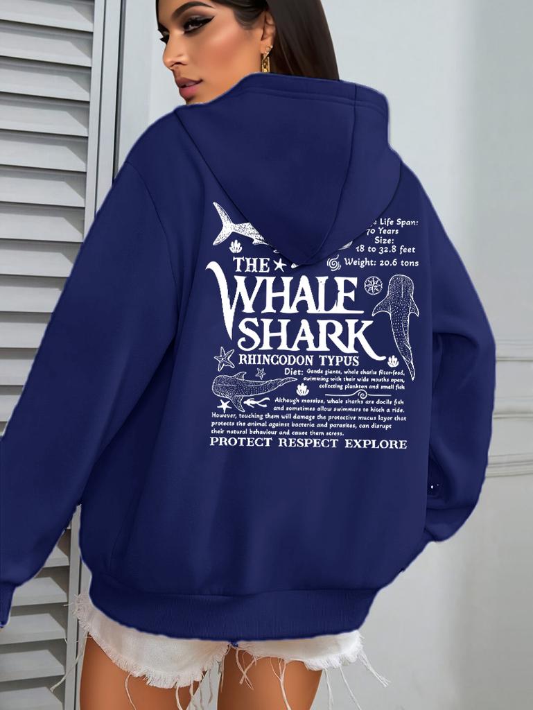 Creative Whale Shark With Letters Print Woman'S Streetwear Soft Trendy Hoodies Solid Color Warm Clothes Loose Hip Hop Hoody
