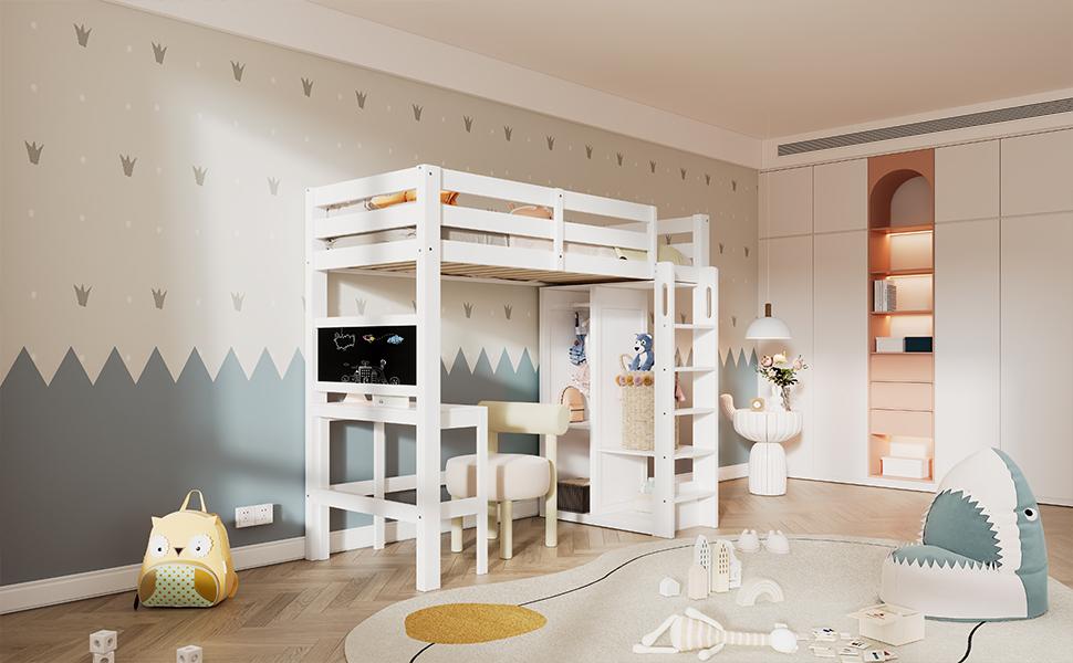 (=AB30624901W)Letto a soppalco per bambini, Scrivania, Armadio aperto e Scaffali, Struttura a doghe e Protezione anticaduta, Superficie di riposo 90x200cm, Bianco (senza materasso)