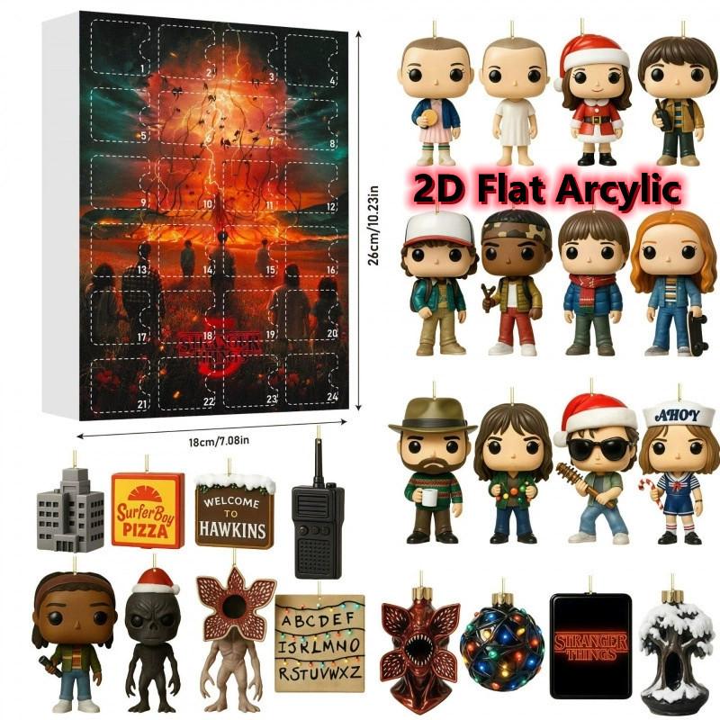 24 napos karácsonyi visszaszámláló naptár, 2D lapos Stranger karakterek és kiegészítők akasztható medál a Stranger dolgok rajongói számára