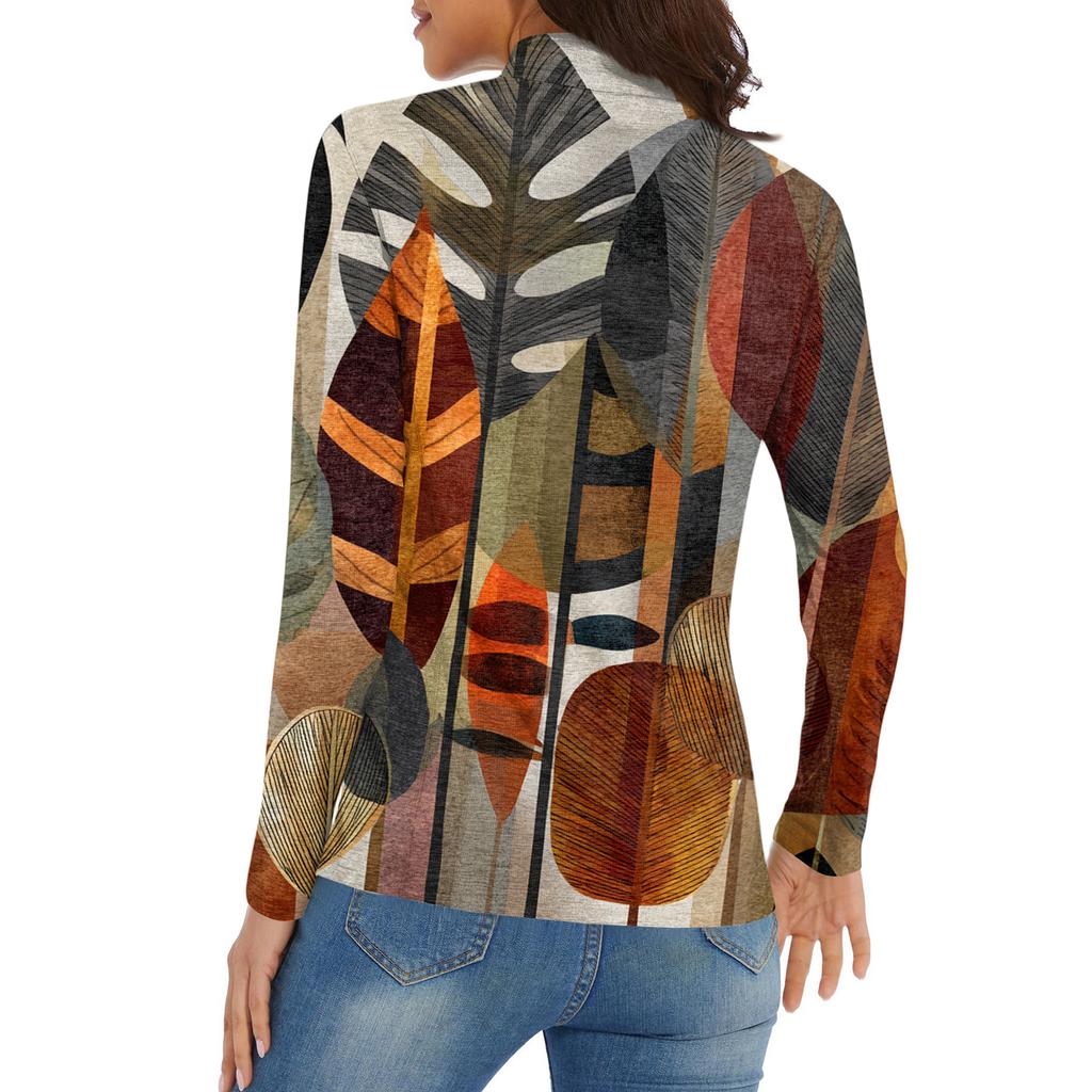 Women's Casual Fashion Retro Floral Print Long Sleeve Zipper Neck Top T-shirt