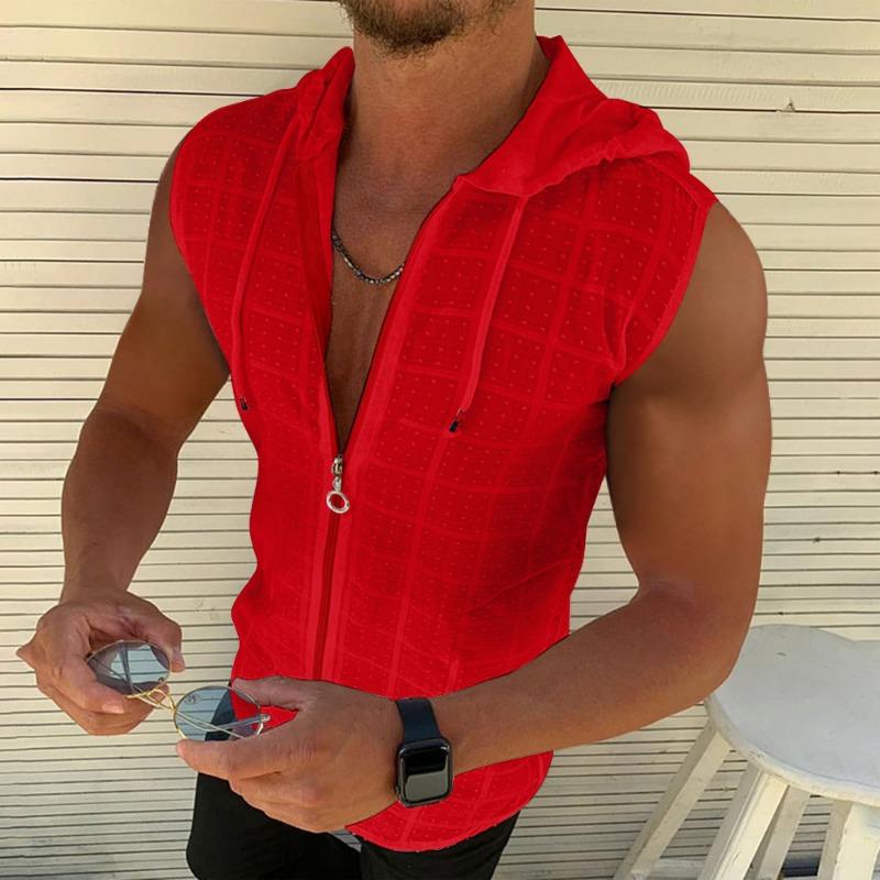 Kurzärmiger Kapuzen-Reißverschluss-Cardigan T-Shirt Herren Sommer Neue Mode Karomuster Ärmelloses T-Shirt Herren Revers-Top