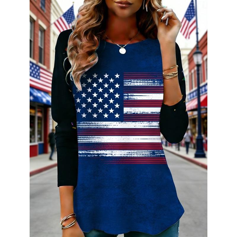 

Women s T Shirt Tee Top Print Graphic American Flag Fashion Stylish Classic Long Sleeve Crew Neck Regular Tops S