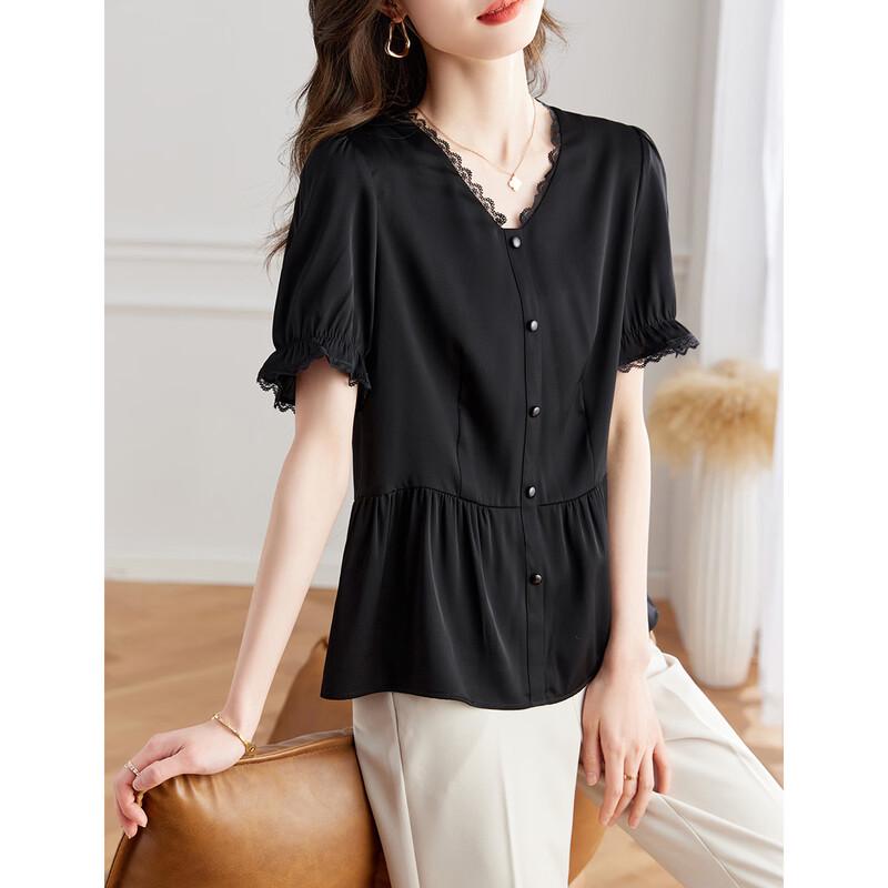 

Srcr Women s Silk Blend Lace Trim Short Sleeve Top L