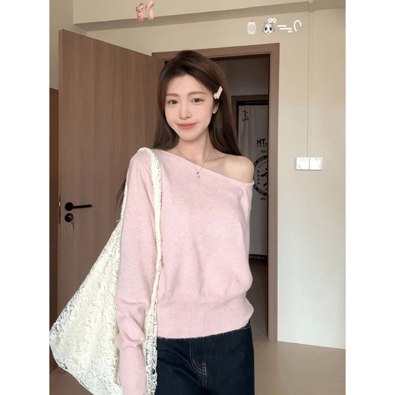 Pink diagonal neck knitted bottoming shirt women's spring off-the-shoulder Spice Girl top temperament versatile sweater