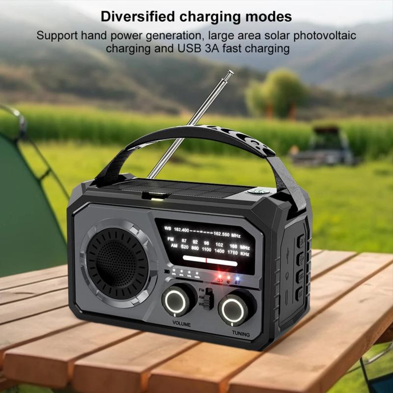 Utendørs Overlevelse Værradio AM/FM/WB NOAA Solcelle Håndsveiv Oppladbar Powerbank Bluetooth-kompatibel Høyttaler SOS-alarm