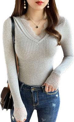 GIVEK Gestricktes Langarm Elegantes Spitzen-Stretch-Top für Damen Fleecegefütterter Pullover, V-Ausschnitt, Pullover, Herbst/Winter (Einheitsgröße, Grau)