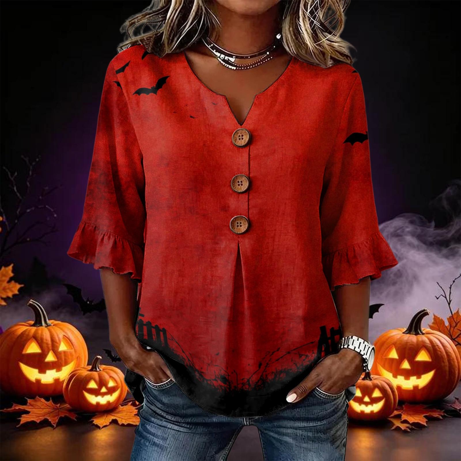 Women s Halloween Printed Blouse Lace Trim Sleeves Loose Fit Casual Tunic Top L
