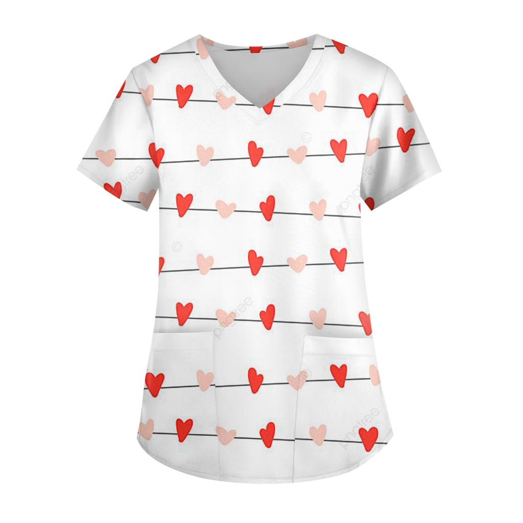 Damen Valentinstag Bedruckt Modisch V-Ausschnitt Tasche Kurzärmelig Uniform Und Pflegeroberteil