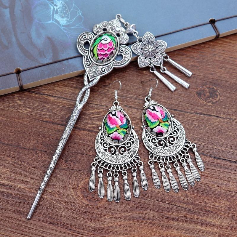 Vintage embroidery earrings hairpin classical temperament Miao peacock flower fringed earrings hair accessories set women
