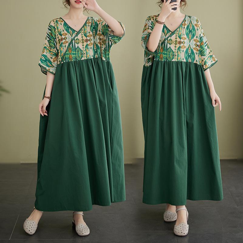 Dámské šaty velké velikosti Bohémské dlouhé léto s krátkým rukávem a kulatým výstřihem potištěné šaty