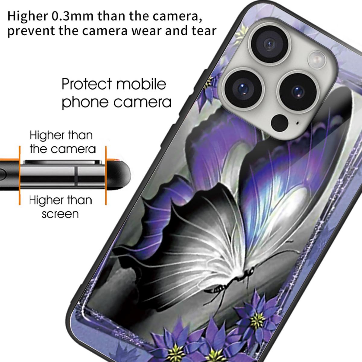 

For iPhone 16 Pro Max Case Pattern Printing Anti-Drop Tempered Glass+TPU Phone Cover Purple Butterfly