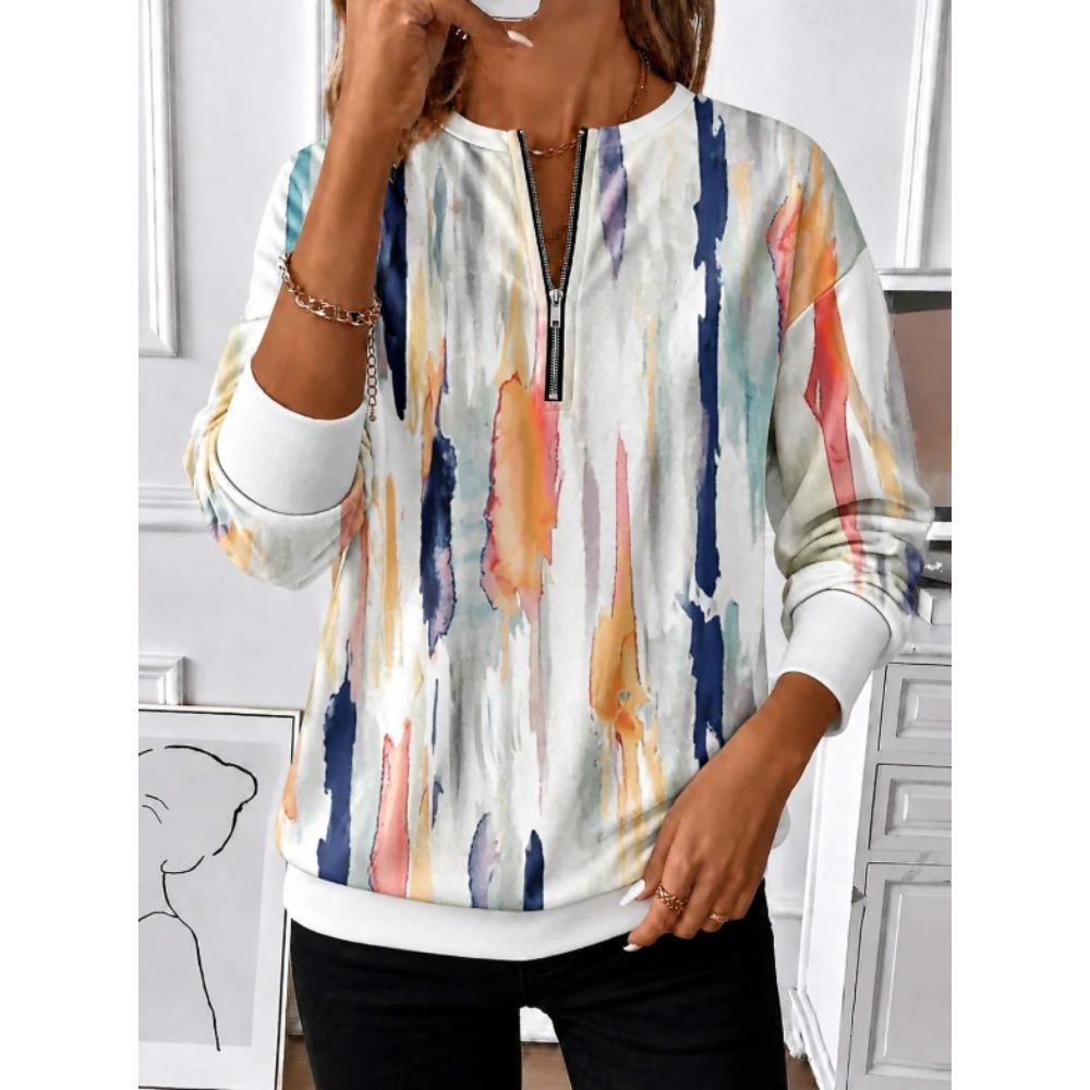 Women's Quarter Zipper Sweater Pullover  Mixed Stripe  Casual  Active Sportswear Half Long Sleeve Top Micro-elastic Fall & Winter Comfrt Breathable