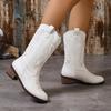 Plus Size Women's Long Boots 2025 New Arrival High-Top Boots High-Heel Boots White Western Cowboy Riding Boots