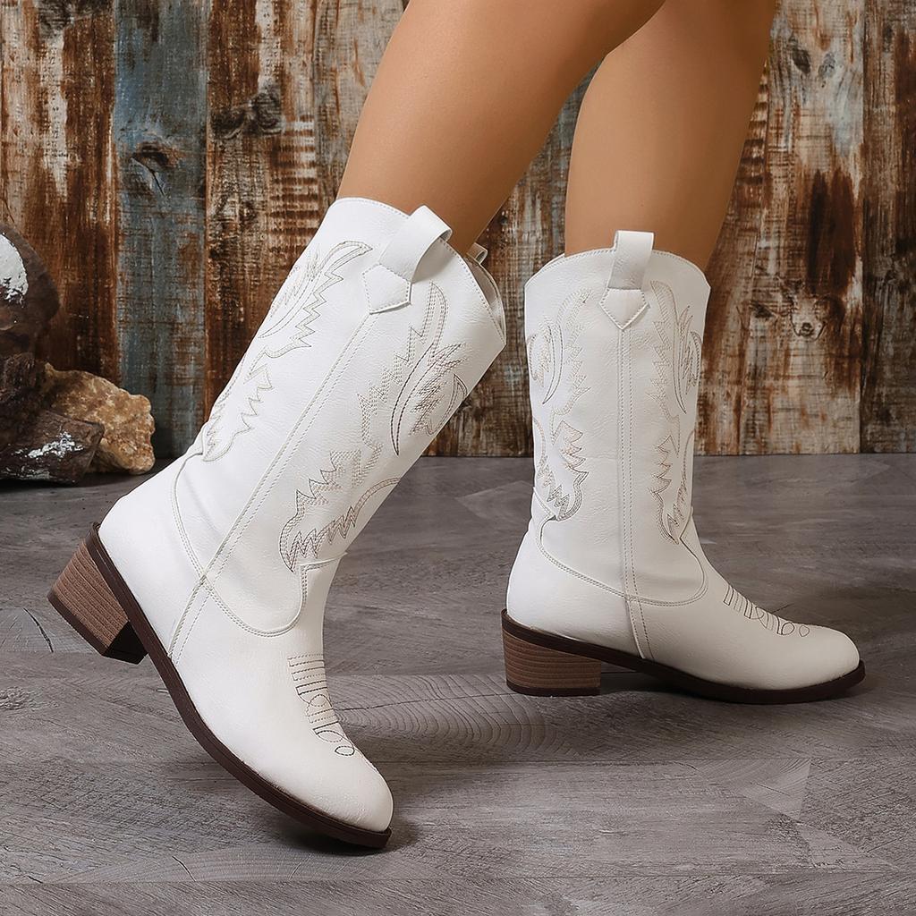 Plus Size Women's Long Boots 2025 New Arrival High-Top Boots High-Heel Boots White Western Cowboy Riding Boots