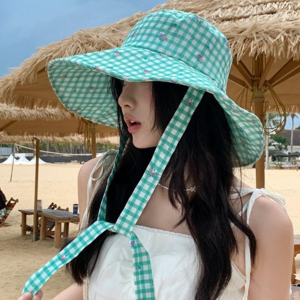 Lace-up Fisherman Hat Double-sided Plaid Sunscreen Hat Fashion Summer Cap  Women