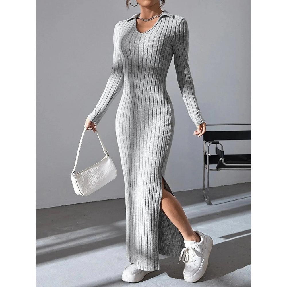 

Женское сексуальное трикотажное платье с V-образным вырезом и обратным вырезом, эластичный базовый свитер с длинными рукавами на осень-зиму L серый