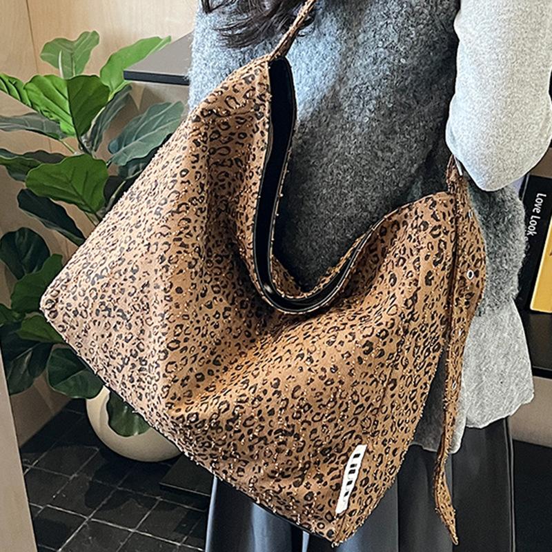Leopard Print Bag Women's Large-capacity Winter New Fashion Canvas Shoulder Shopping Bag Class Commuter Bag