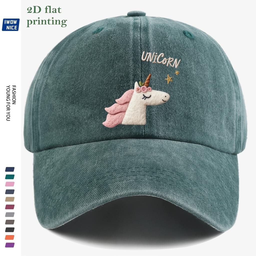 D Flat  pc Unicorn Cartoon Flat DD Flat Printed Baseball Cap Cute Plush Unicorn Head Design Pink And White Color Matching