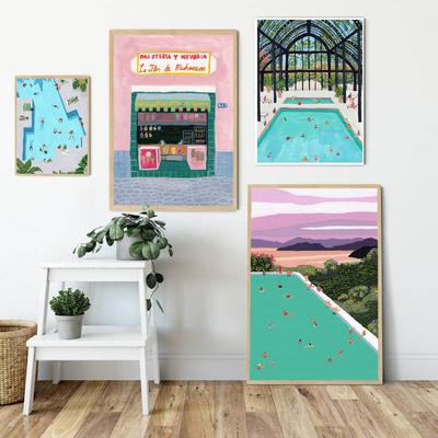 Cartoon Summer Swimming Pool Green Plants Beverage Shop Canvas Painting Wall Art Poster and Prints Picture For Living Room Decor