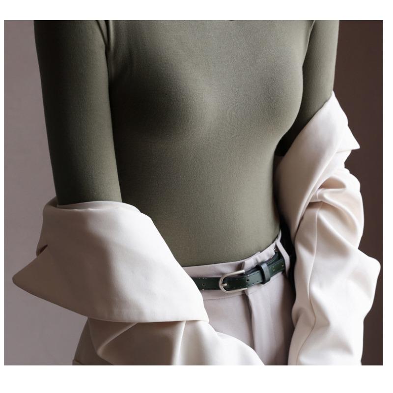 Women's Fall and Winter Inner Half High Neck Wooden Ear Trim Long Sleeve Top