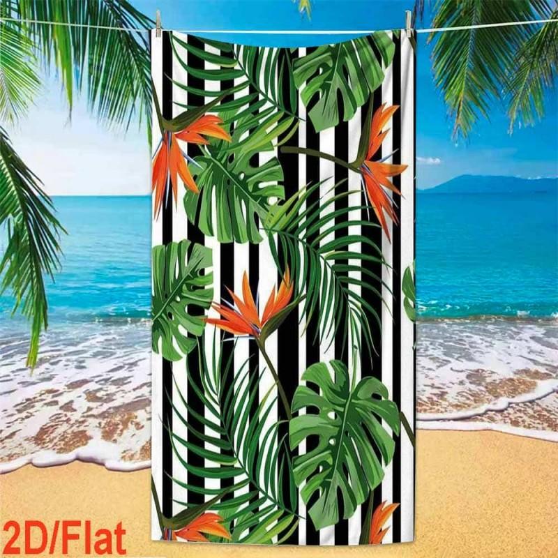 Black White Vertical Stripe Bird Of Paradise Monstera Leaf Tropical Beach Towel Quick Dry Lightweight Towel For Pool Outdoor