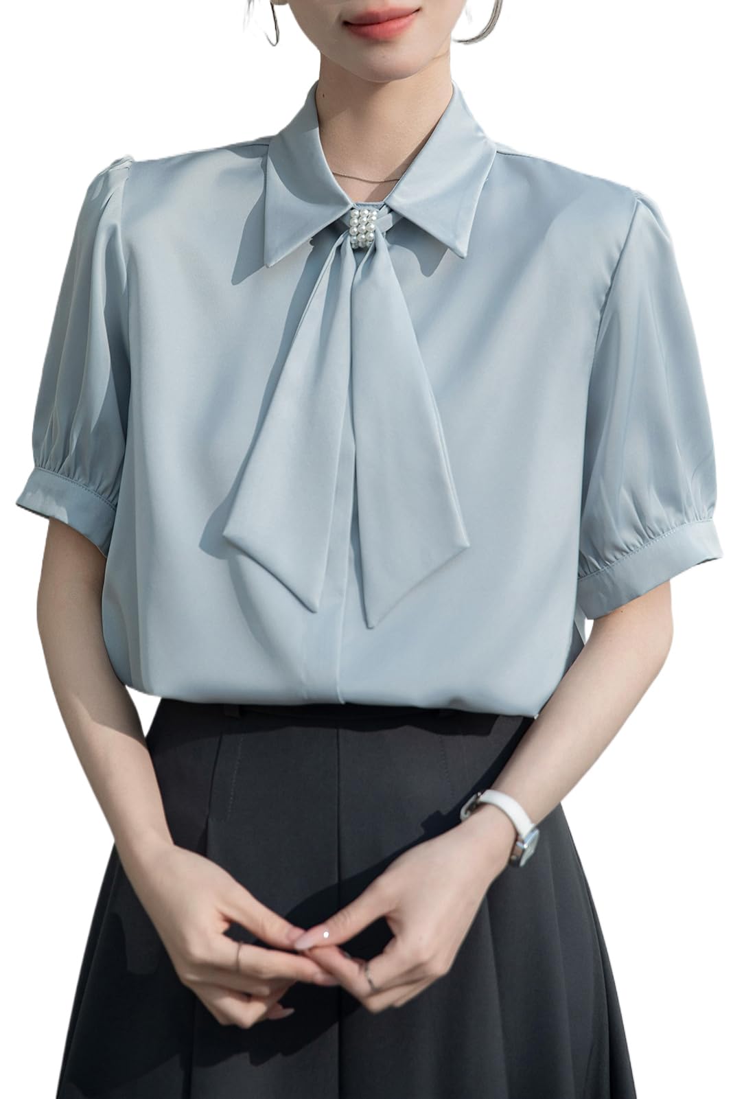 

Рубашка Блузка Летние топы Воротник Лента Короткий рукав Шифон Однотонный Жакет Пуговица Элегантный Офисный Свободный крой Стройнящий Стильный Офисная одежда OL Для поездок на работу синий