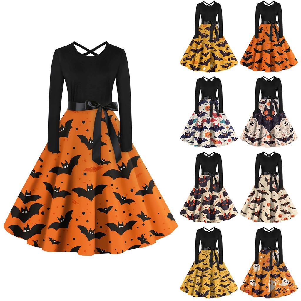 Women's Casual Print O-neck Pullover High Waist Long Sleeve Dress
