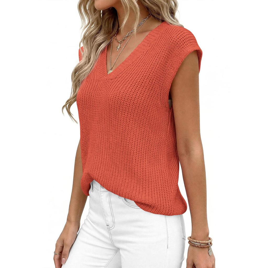 Women's Summer Fashionable Color V Neck Sleeveless Casual Thick Needle Sweater Vest Top