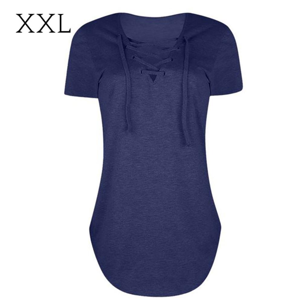Women Lace Up V Neck Short Sleeve Tunic Top