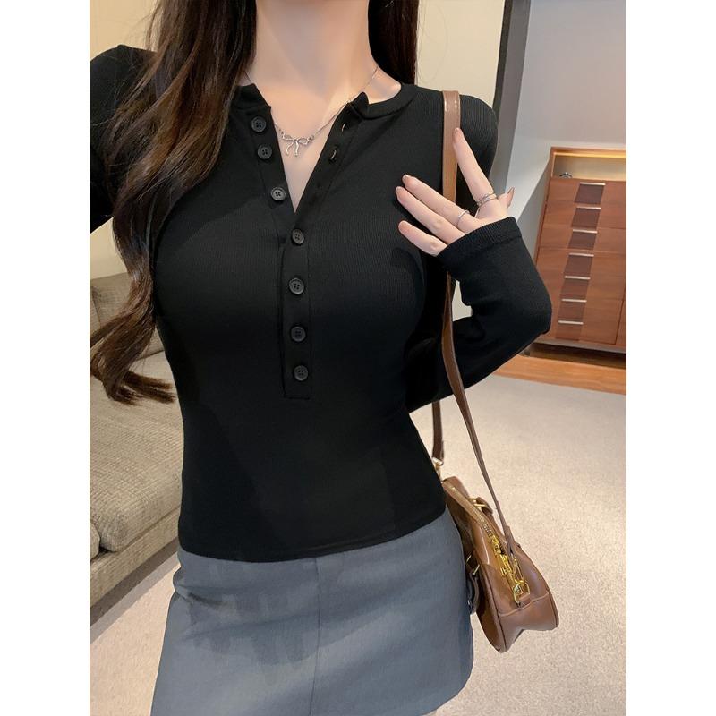 2025 New Spring and Autumn Long Sleeve Inner Women T-Shirt Tight Slim Fit Office Women's Bottom Shirt Basic solid color O Neck Skinny Button Top