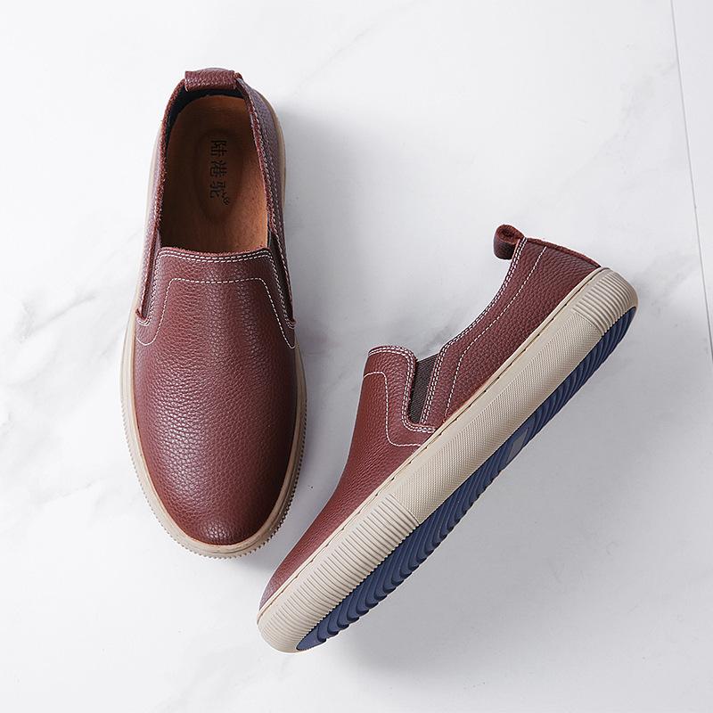 First Layer Cowhide Shallow Mouth Men's Shoes for Lazy People Lightweight and Casual Single Shoes Low Cut Fashionable Business Round Toe Leather Shoes