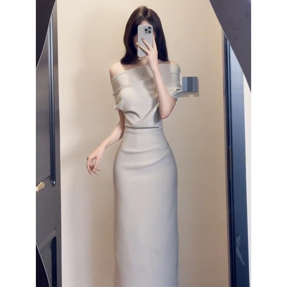 Girl's One-word Shoulder Temperament Slim Waist Hip Dress Women's Casual Style New Summer Niche High-end Dress